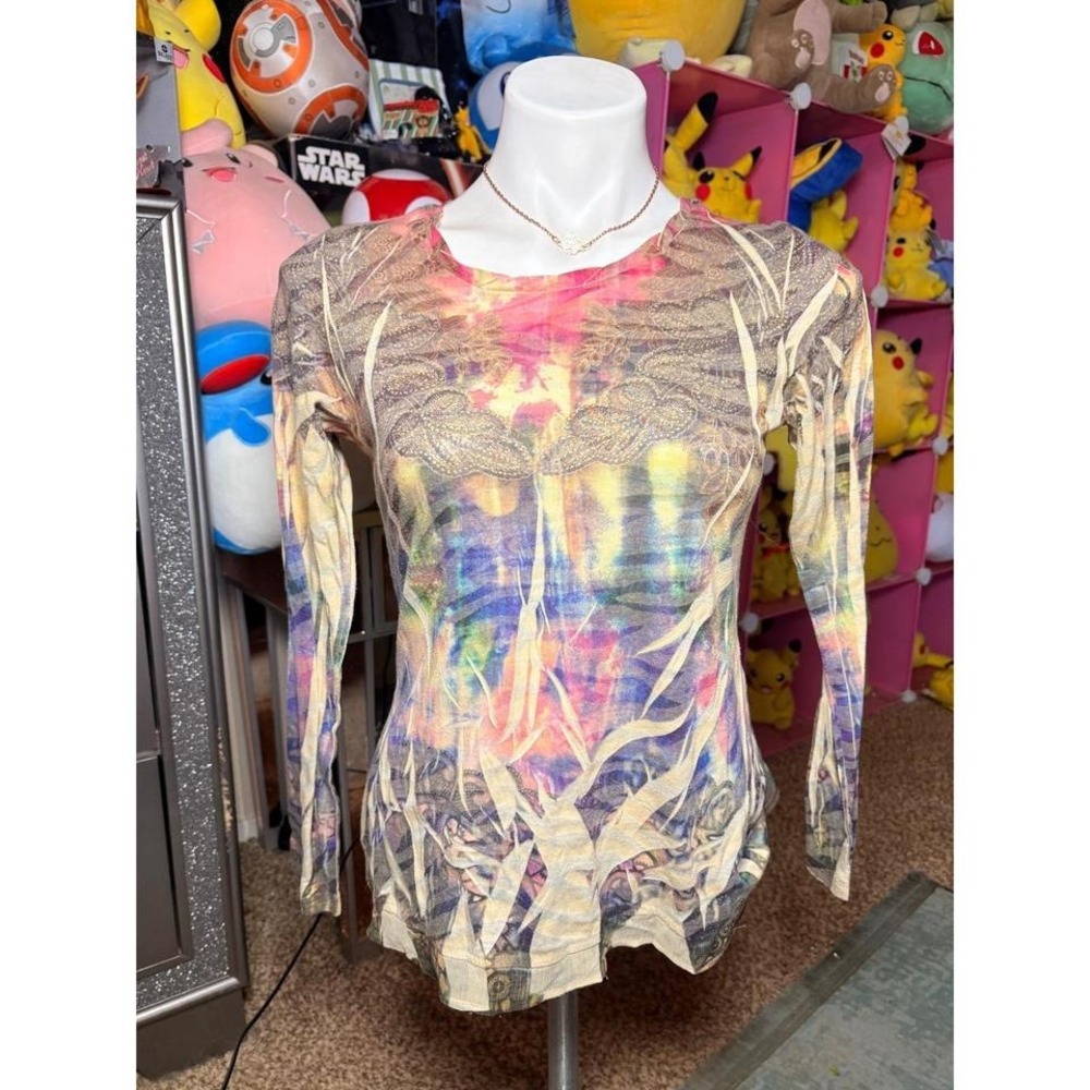 Y2K Graphic Print Sheer Long Sleeve Top Multi Color Abstract Mesh Crew Neck #2